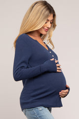 Navy Rib Knit Button Accent Maternity Long Sleeve Top