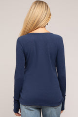 Navy Rib Knit Button Accent Maternity Long Sleeve Top