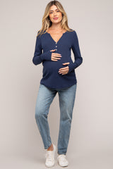 Navy Rib Knit Button Accent Maternity Long Sleeve Top