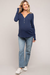 Navy Rib Knit Button Accent Maternity Long Sleeve Top