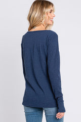 Navy Rib Knit Button Accent Long Sleeve Top