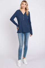 Navy Rib Knit Button Accent Long Sleeve Top