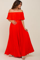 Orange Pleated Off Shoulder Maternity Maxi Dress