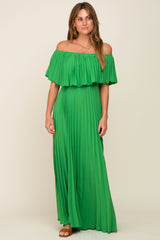 Green Pleated Off Shoulder Maxi Dress