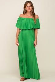 Green Pleated Off Shoulder Maxi Dress