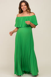 Green Pleated Off Shoulder Maternity Maxi Dress