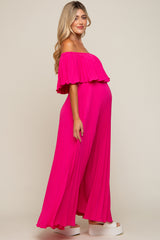 Fuchsia Pleated Off Shoulder Maternity Maxi Dress