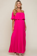 Fuchsia Pleated Off Shoulder Maternity Maxi Dress