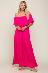 Fuchsia Pleated Off Shoulder Maxi Dress