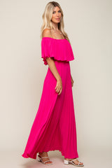 Fuchsia Pleated Off Shoulder Maxi Dress