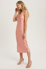 Rose Satin Cowl Neck Midi Slip Dress