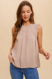 Taupe Pintuck Ruffle Sleeveless Swiss Dot Blouse