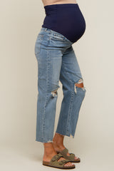 Blue Distressed Open Knee Maternity Wide Leg Jeans