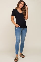 Black Ribbed V-Neck Maternity Top