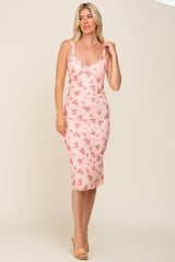 Peach Floral Mesh Ruched Midi Dress