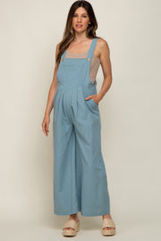 Blue Front Pocket Pleated Linen Maternity Overall