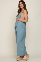 Blue Front Pocket Pleated Linen Maternity Overall