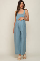 Blue Front Pocket Pleated Linen Maternity Overall