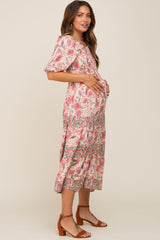 Mauve Floral Puff Sleeve Tiered Maternity Midi Dress