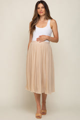 Beige Pleated Maternity Midi Skirt