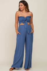 Blue Front Tie Crop Top and Pant Maternity Set