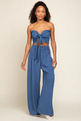 Blue Front Tie Crop Top and Pant Set