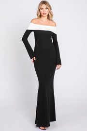 Black Ribbed Knit Colorblock Long Sleeve Off Shoulder Gown