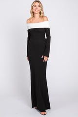 Black Ribbed Knit Colorblock Long Sleeve Off Shoulder Gown