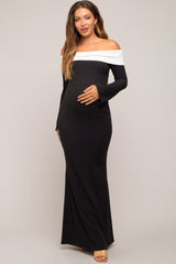 Black Ribbed Knit Colorblock Long Sleeve Off Shoulder Maternity Gown