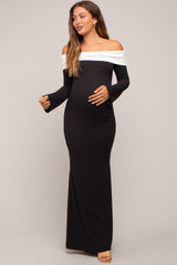 Black Ribbed Knit Colorblock Long Sleeve Off Shoulder Maternity Gown