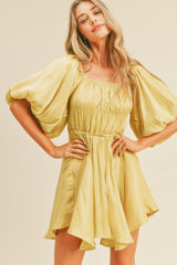 Yellow Metallic Bubble Sleeve Flared Mini Dress