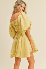 Yellow Metallic Bubble Sleeve Flared Mini Dress