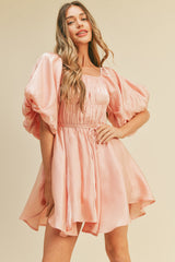 Pink Metallic Bubble Sleeve Flared Mini Dress