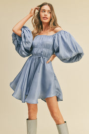 Blue Metallic Bubble Sleeve Flared Mini Dress