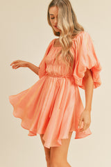 Peach Metallic Bubble Sleeve Flared Mini Dress