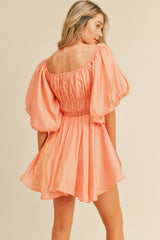 Peach Metallic Bubble Sleeve Flared Mini Dress