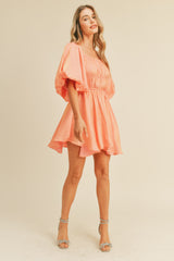 Peach Metallic Bubble Sleeve Flared Mini Dress