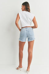 Light Denim Curved Fray Hem Jean Shorts