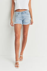 Light Denim Curved Fray Hem Jean Shorts