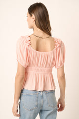 Peach Ruffle Detail Puff Sleeve Peplum Blouse