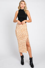 Beige Ribbed Side Slit Drawstring Midi Skirt