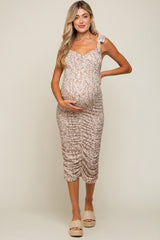 Mocha Animal Print Ruched Shoulder Tie Maternity Midi Dress