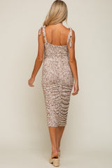 Mocha Animal Print Ruched Shoulder Tie Maternity Midi Dress