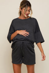 Charcoal Pocket Front Short Sleeve Maternity Pajama Short Set