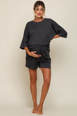 Charcoal Pocket Front Short Sleeve Maternity Pajama Short Set