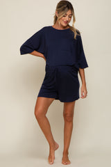 Navy Blue Pocket Front Short Sleeve Maternity Pajama Short Set