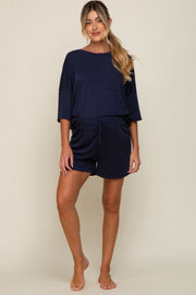 Navy Blue Pocket Front Short Sleeve Maternity Pajama Short Set