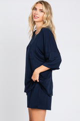 Navy Blue Pocket Front Short Sleeve Pajama Short Set