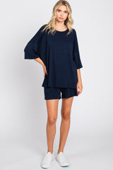 Navy Blue Pocket Front Short Sleeve Pajama Short Set