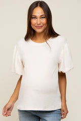 Cream Textured Knit Short Puff Sleeve Maternity Top